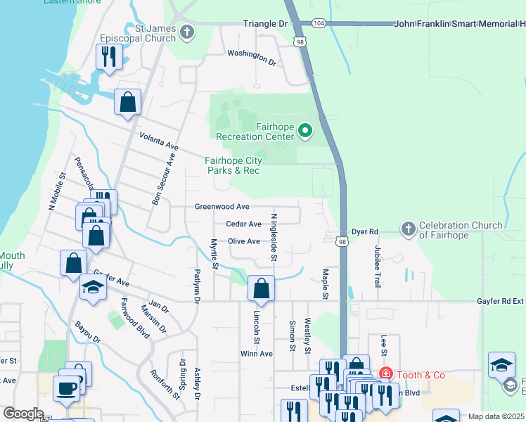 map of restaurants, bars, coffee shops, grocery stores, and more near 710 Greenwood Avenue in Fairhope