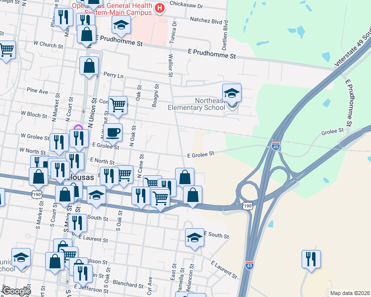 map of restaurants, bars, coffee shops, grocery stores, and more near in Opelousas