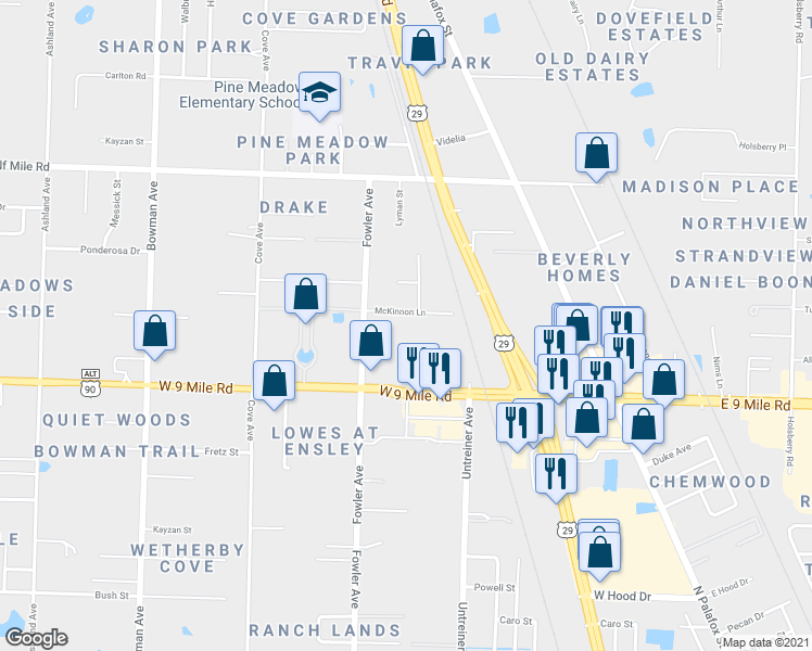 map of restaurants, bars, coffee shops, grocery stores, and more near 425 McKinnon Lane in Pensacola