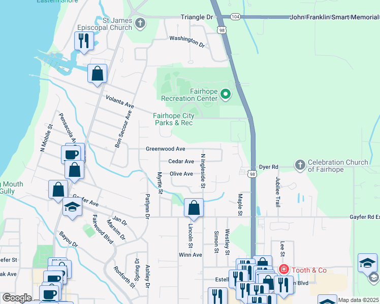 map of restaurants, bars, coffee shops, grocery stores, and more near 710 Greenwood Avenue in Fairhope