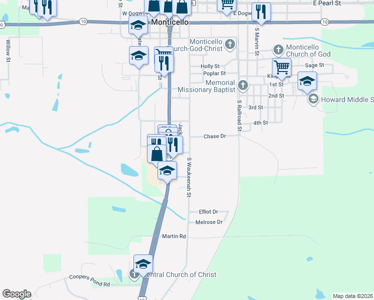 map of restaurants, bars, coffee shops, grocery stores, and more near 280 East Cherokee Avenue in Monticello