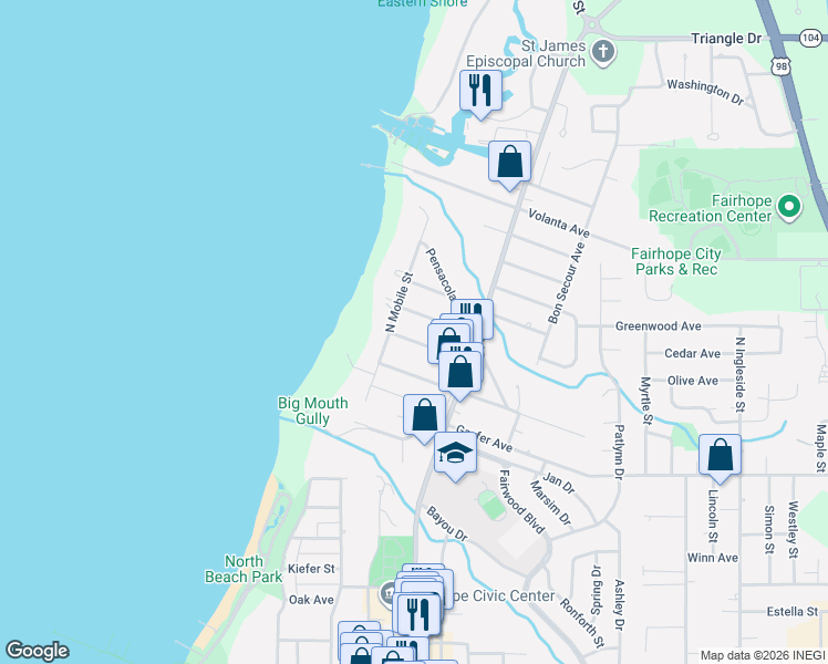 map of restaurants, bars, coffee shops, grocery stores, and more near 207 Perdido Avenue in Fairhope