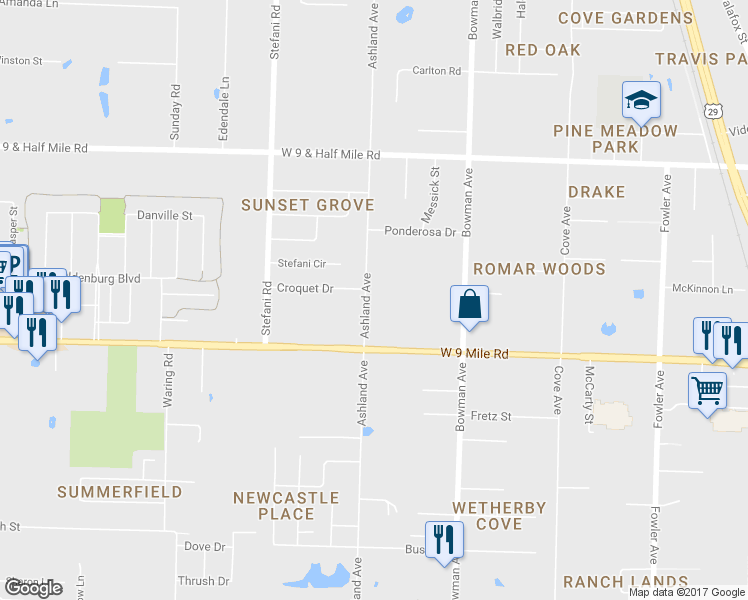 map of restaurants, bars, coffee shops, grocery stores, and more near 4140 Ashland Avenue in Pensacola