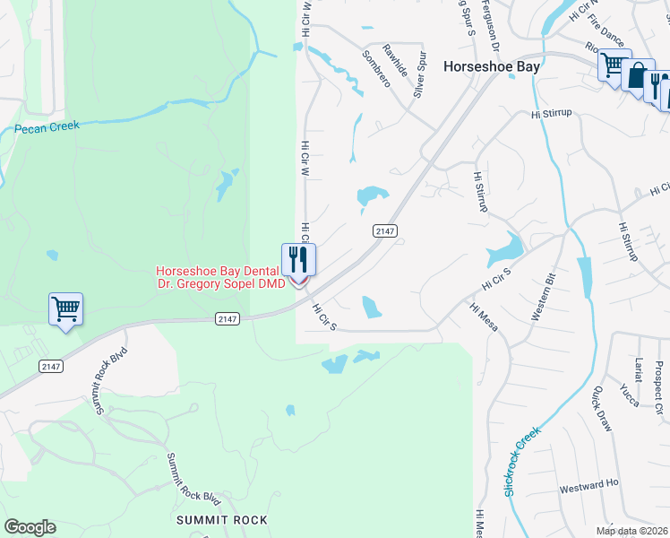 map of restaurants, bars, coffee shops, grocery stores, and more near 111 Springfield Drive in Horseshoe Bay