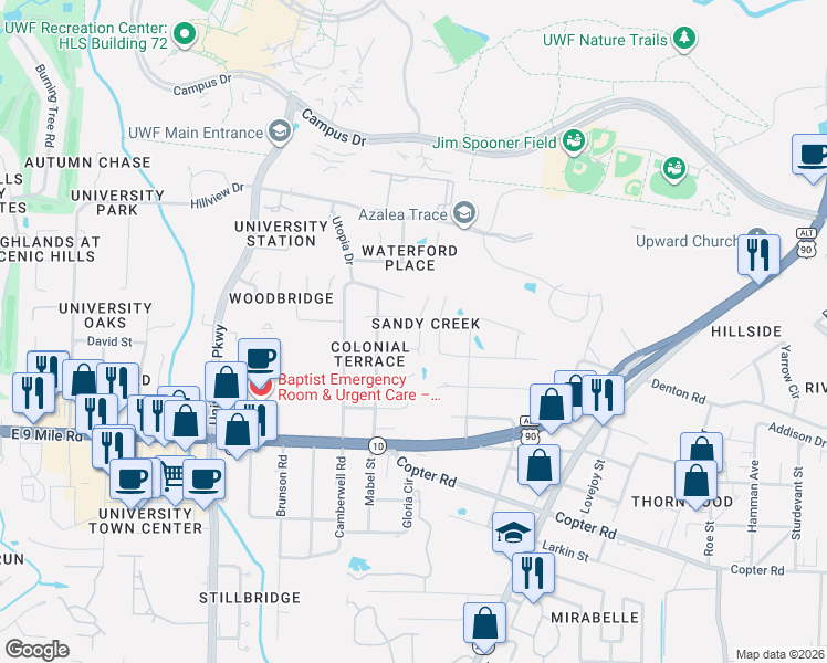 map of restaurants, bars, coffee shops, grocery stores, and more near 1959 Wyatt Street in Pensacola