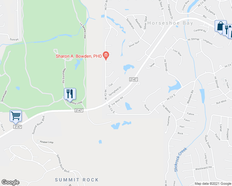 map of restaurants, bars, coffee shops, grocery stores, and more near 111 Springfield Drive in Horseshoe Bay