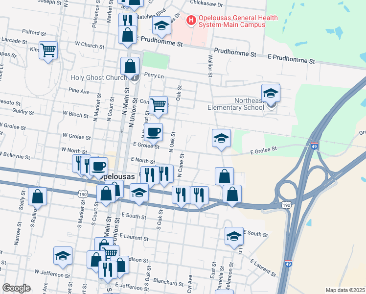 map of restaurants, bars, coffee shops, grocery stores, and more near 701 East Grolee Street in Opelousas