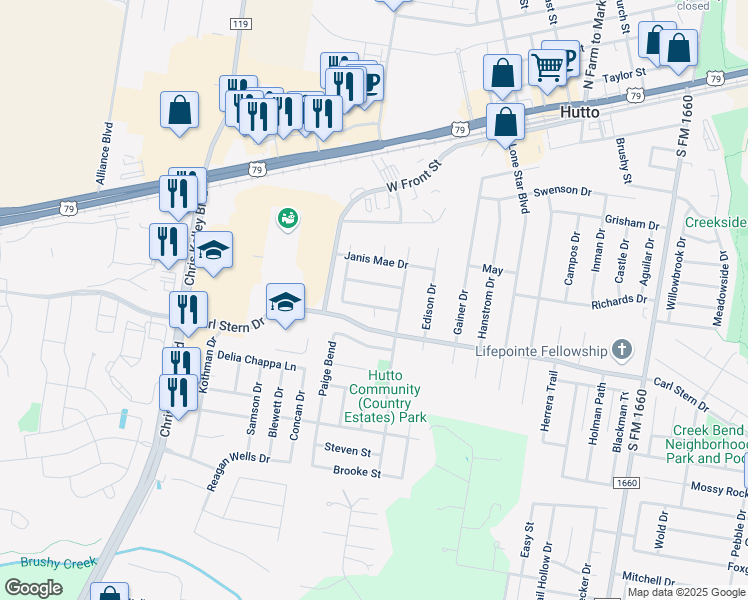map of restaurants, bars, coffee shops, grocery stores, and more near 200 Warner Bend in Hutto
