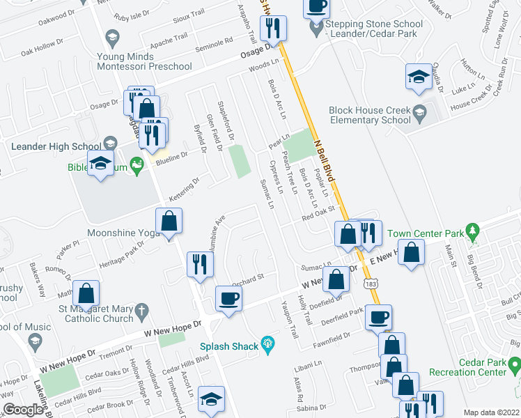 map of restaurants, bars, coffee shops, grocery stores, and more near 2302 Yaupon Trail in Cedar Park