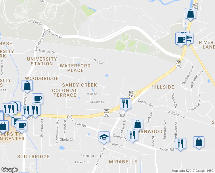 map of restaurants, bars, coffee shops, grocery stores, and more near 2490 Academy Drive in Pensacola