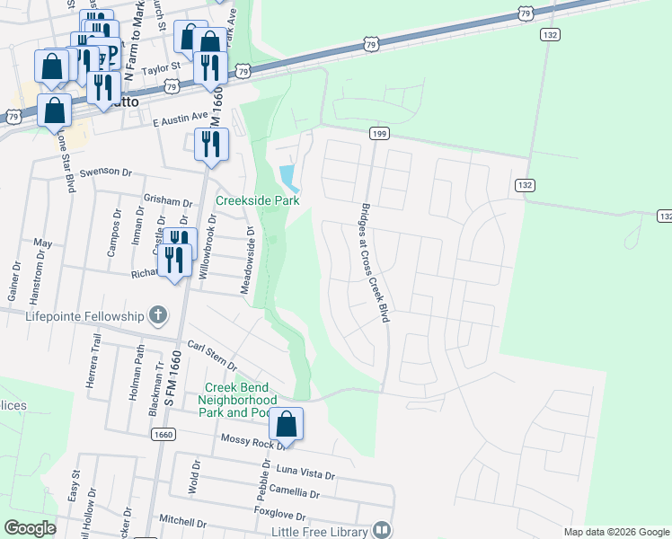 map of restaurants, bars, coffee shops, grocery stores, and more near 124 Grasslands Trail in Hutto
