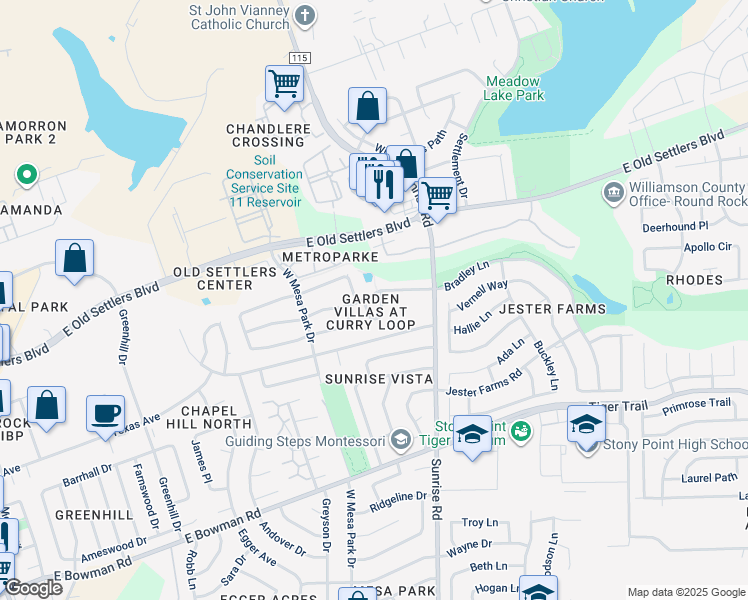 map of restaurants, bars, coffee shops, grocery stores, and more near 2429 Curry Loop in Round Rock