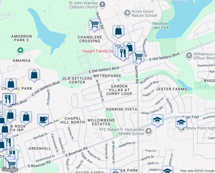 map of restaurants, bars, coffee shops, grocery stores, and more near 812 David Curry Drive in Round Rock