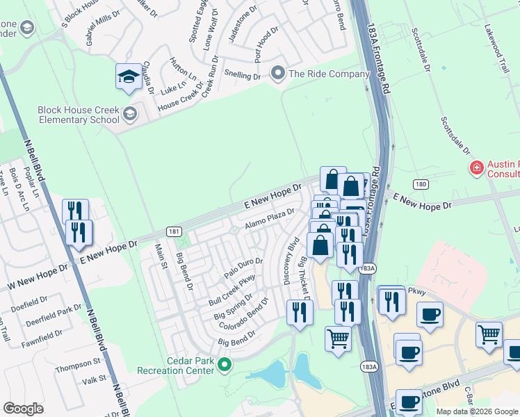 map of restaurants, bars, coffee shops, grocery stores, and more near 918 Lost Pines Lane in Cedar Park