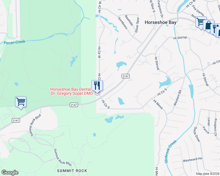 map of restaurants, bars, coffee shops, grocery stores, and more near 111 Springfield Drive in Horseshoe Bay