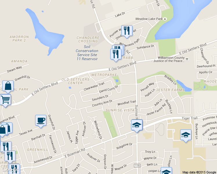 map of restaurants, bars, coffee shops, grocery stores, and more near 810-812 David Curry Drive in Round Rock