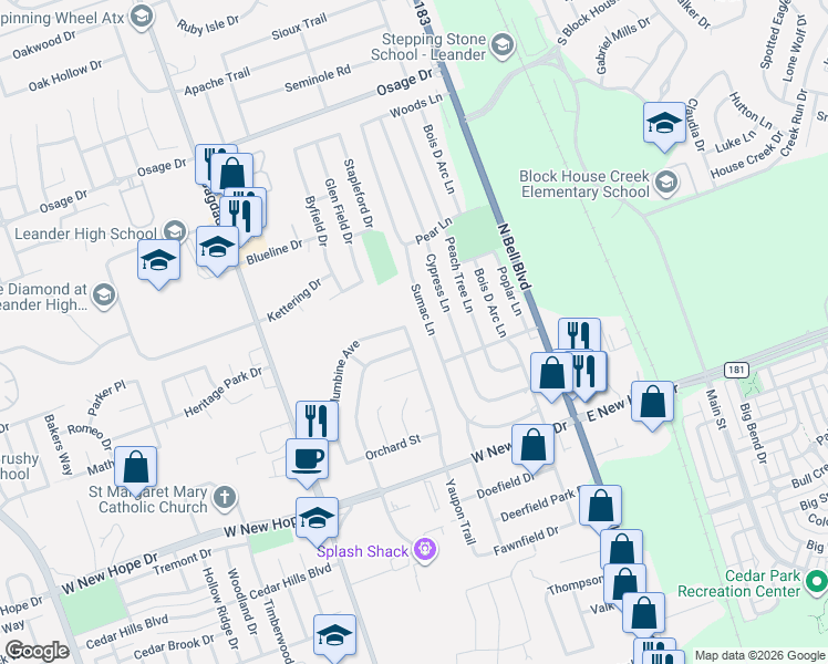 map of restaurants, bars, coffee shops, grocery stores, and more near 501 Amaryllis Avenue in Cedar Park