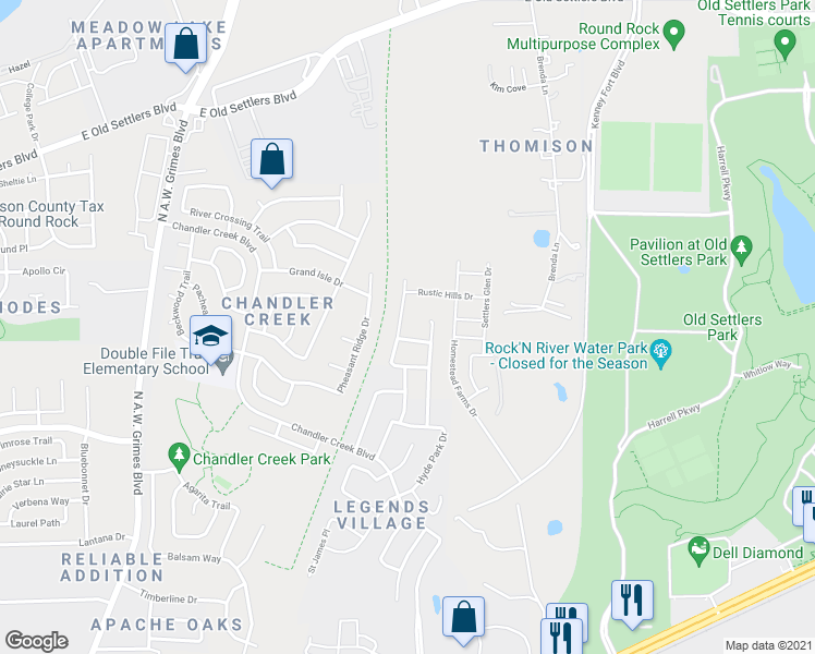 map of restaurants, bars, coffee shops, grocery stores, and more near 1509 Sawmill Crossing in Round Rock