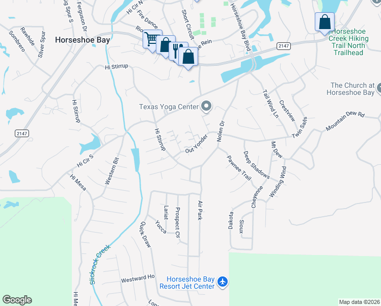 map of restaurants, bars, coffee shops, grocery stores, and more near 307 Out Yonder in Horseshoe Bay