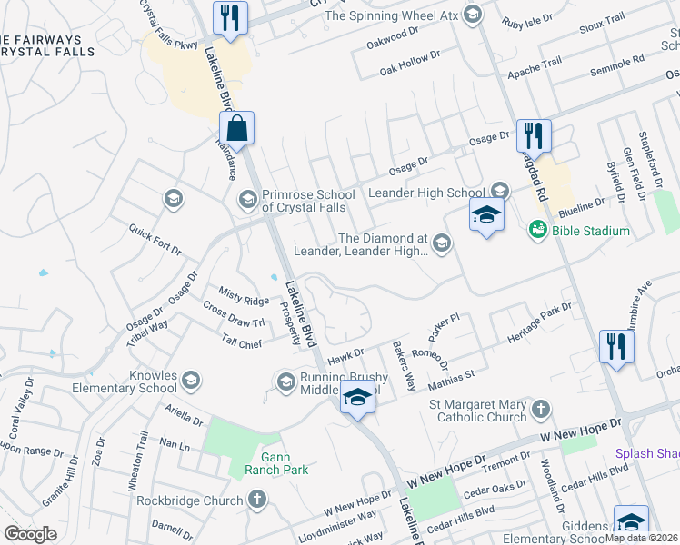 map of restaurants, bars, coffee shops, grocery stores, and more near 3000 North Lakeline Boulevard in Leander