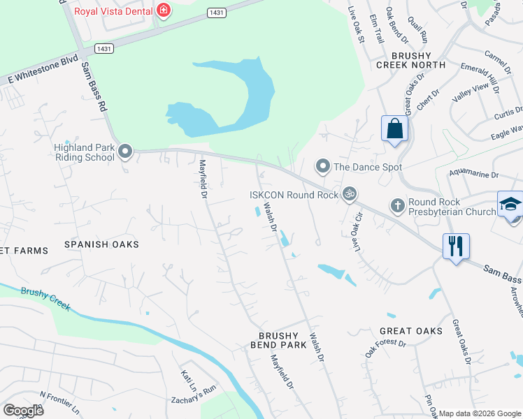 map of restaurants, bars, coffee shops, grocery stores, and more near 2308 Walsh Drive in Round Rock