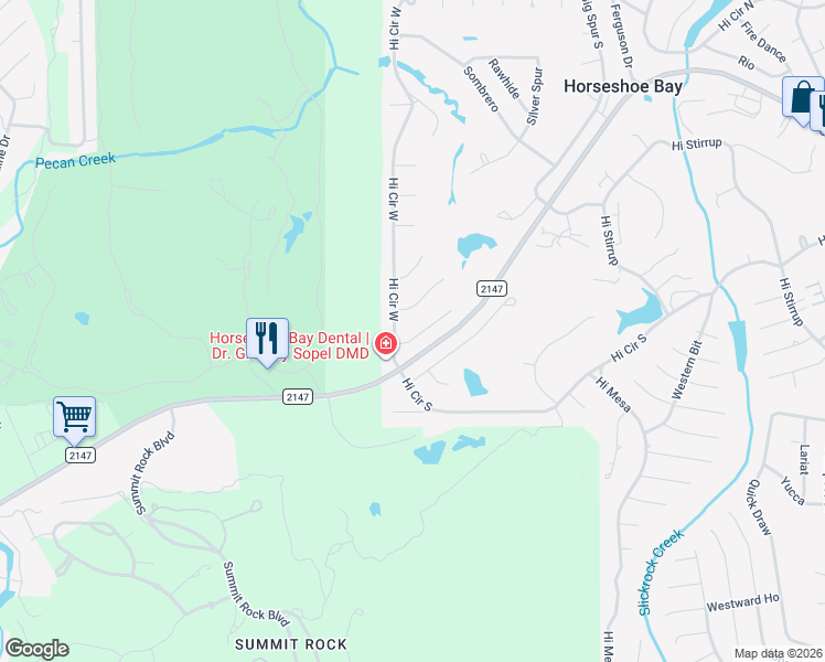 map of restaurants, bars, coffee shops, grocery stores, and more near 111 Springfield Drive in Horseshoe Bay