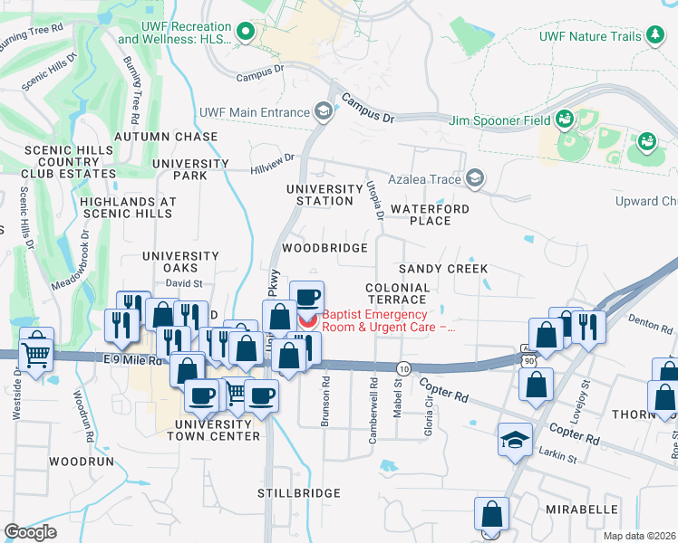 map of restaurants, bars, coffee shops, grocery stores, and more near 9725 Shadow Wood Drive in Pensacola