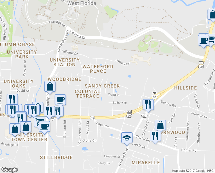 map of restaurants, bars, coffee shops, grocery stores, and more near 2280 Wyatt Street in Pensacola