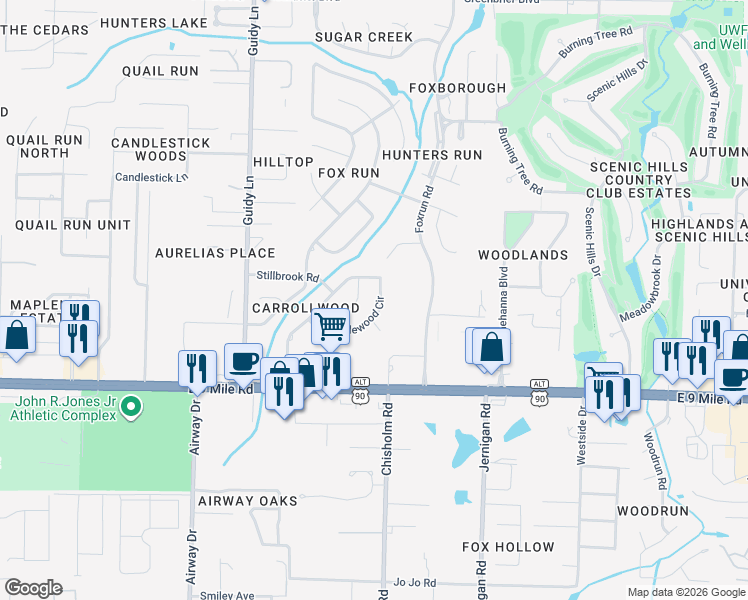 map of restaurants, bars, coffee shops, grocery stores, and more near 1116 Candlewood Circle in Pensacola