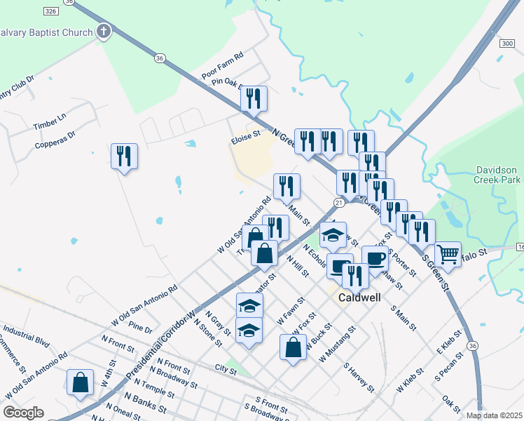 map of restaurants, bars, coffee shops, grocery stores, and more near 203 West Old San Antonio Road in Caldwell
