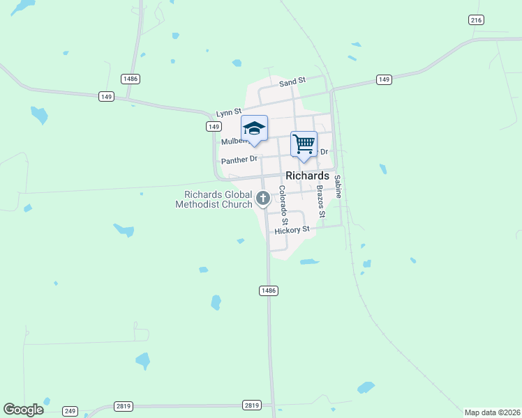 map of restaurants, bars, coffee shops, grocery stores, and more near 6639 Farm to Market 1486 in Richards