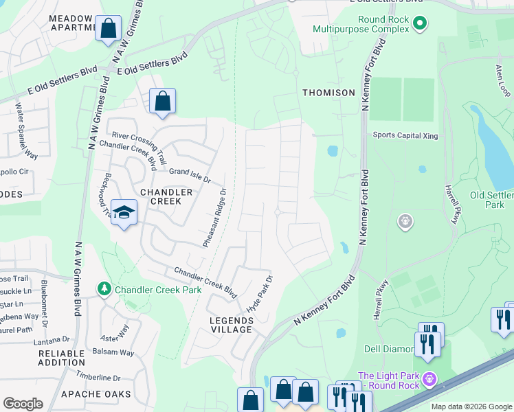 map of restaurants, bars, coffee shops, grocery stores, and more near 506 Pheasant Ridge in Round Rock