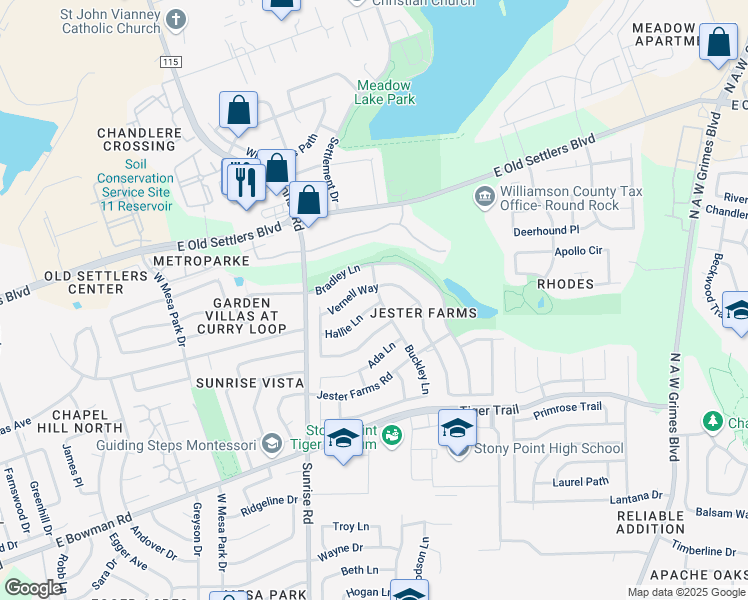 map of restaurants, bars, coffee shops, grocery stores, and more near 2402 Hallie Lane in Round Rock