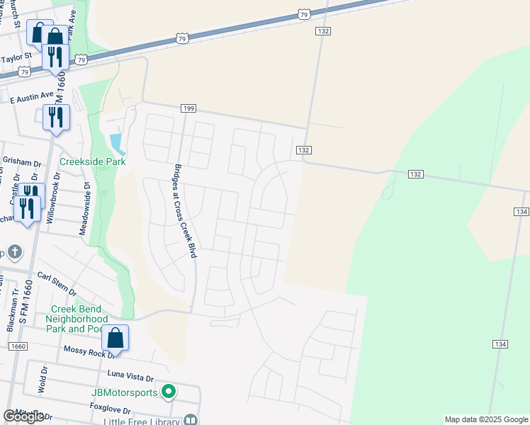 map of restaurants, bars, coffee shops, grocery stores, and more near 213 Coventry drive in Hutto