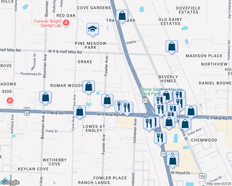 map of restaurants, bars, coffee shops, grocery stores, and more near 425 McKinnon Lane in Pensacola