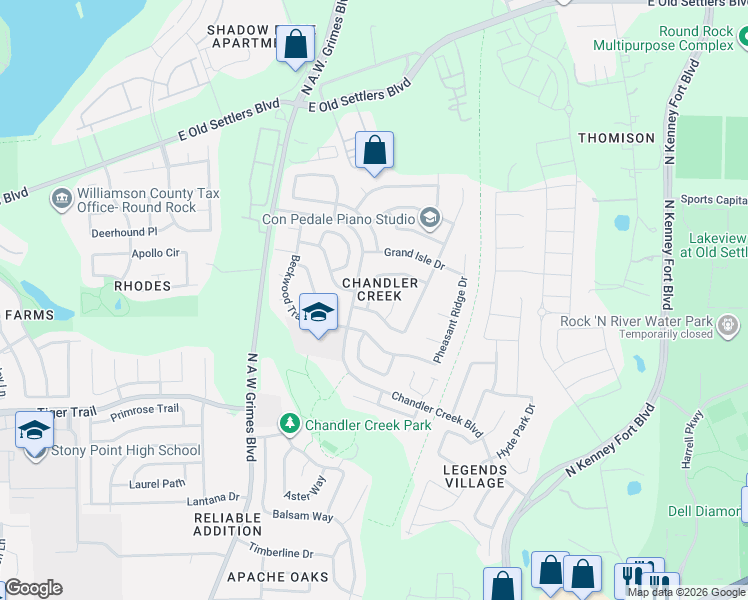 map of restaurants, bars, coffee shops, grocery stores, and more near 102 Chandler Pointe Loop in Round Rock