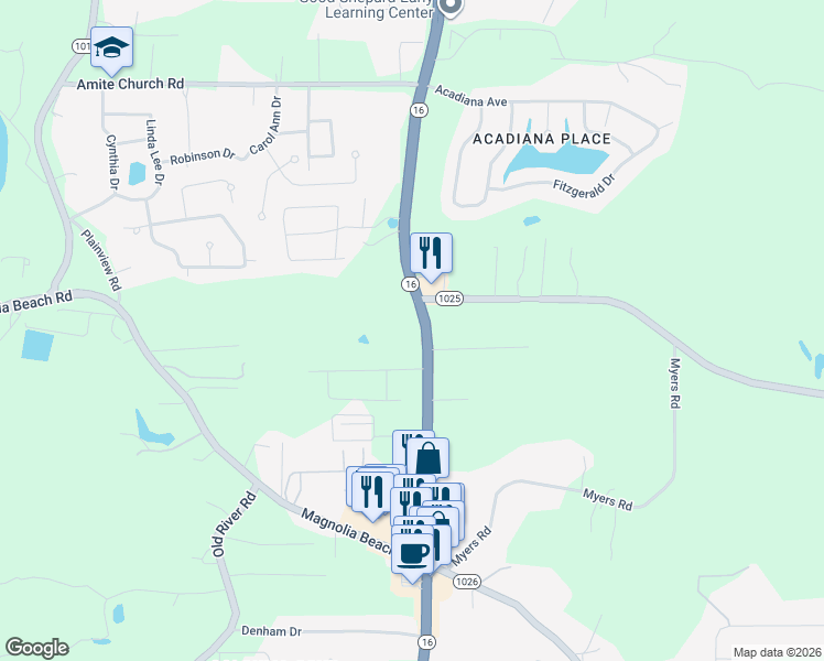 map of restaurants, bars, coffee shops, grocery stores, and more near 32241 Louisiana 16 in Denham Springs