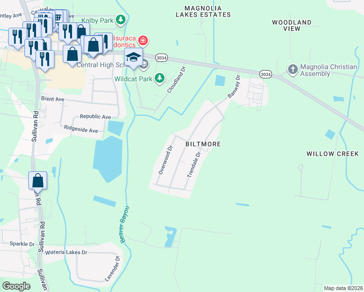 map of restaurants, bars, coffee shops, grocery stores, and more near 9646 Banway Drive in Central