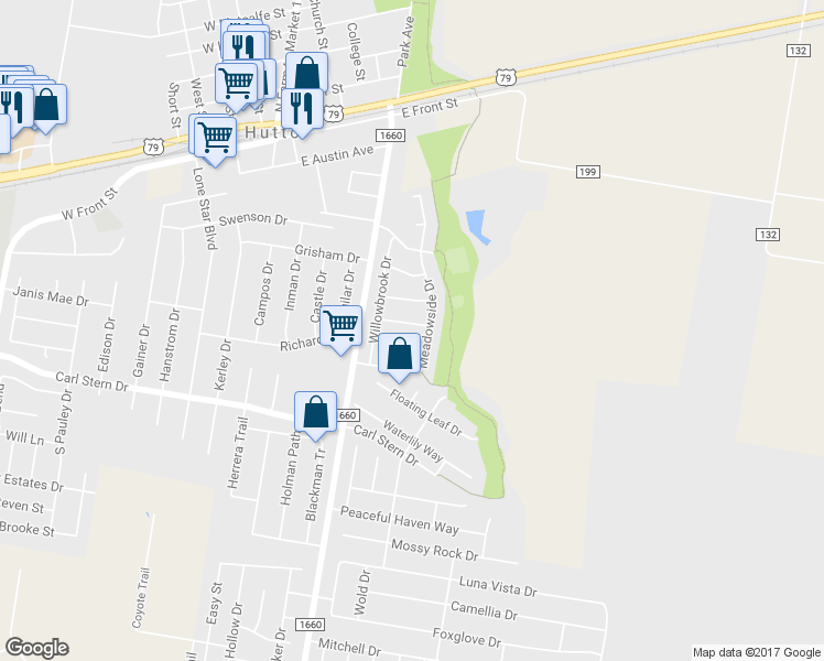 map of restaurants, bars, coffee shops, grocery stores, and more near 112 Harvest Lane in Hutto