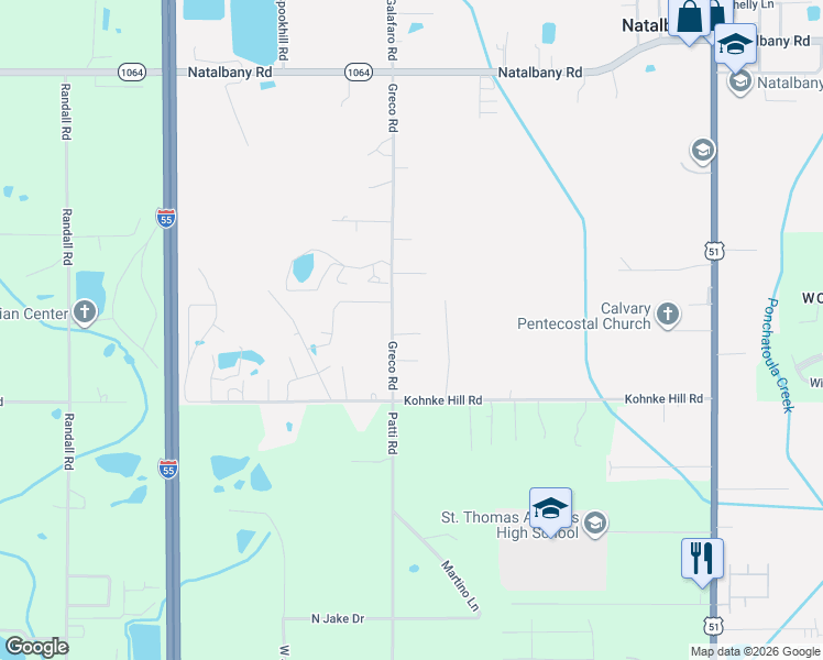 map of restaurants, bars, coffee shops, grocery stores, and more near 47046 Greco Road in Hammond