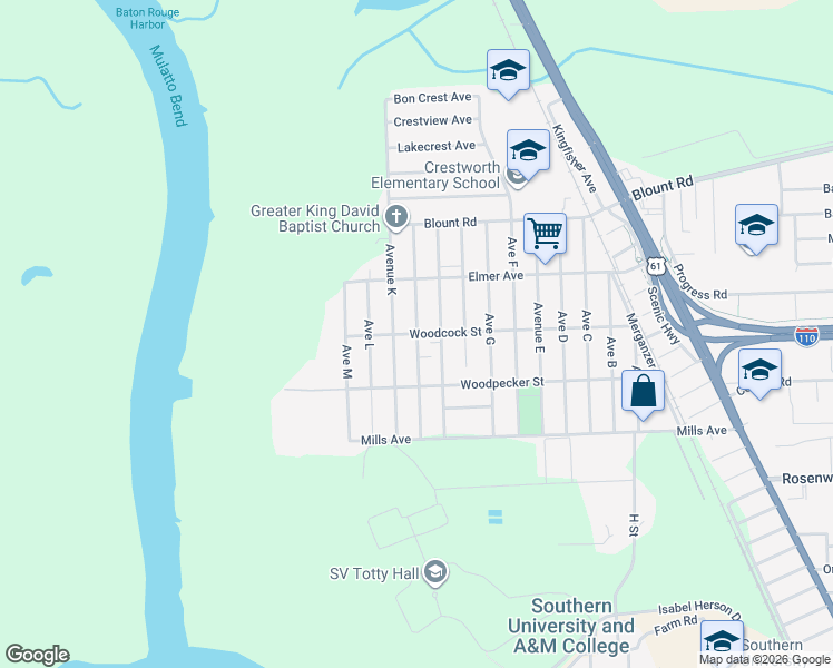 map of restaurants, bars, coffee shops, grocery stores, and more near 249 Woodcock Street in Baton Rouge