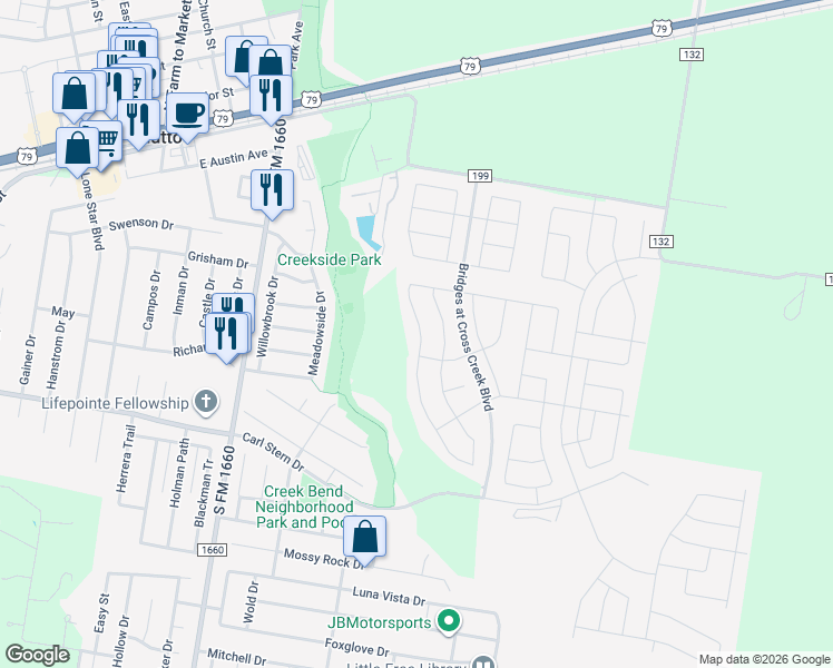 map of restaurants, bars, coffee shops, grocery stores, and more near 400 Windy Reed Road in Hutto