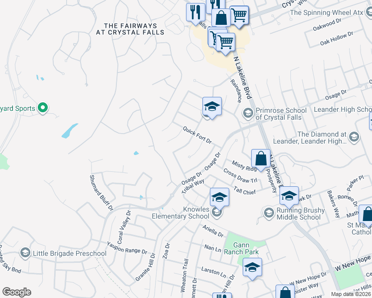 map of restaurants, bars, coffee shops, grocery stores, and more near 2220 Pow Wow in Leander