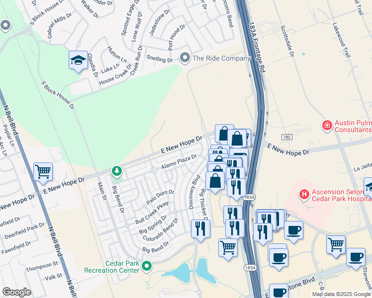 map of restaurants, bars, coffee shops, grocery stores, and more near 1010 Lost Pines Lane in Cedar Park