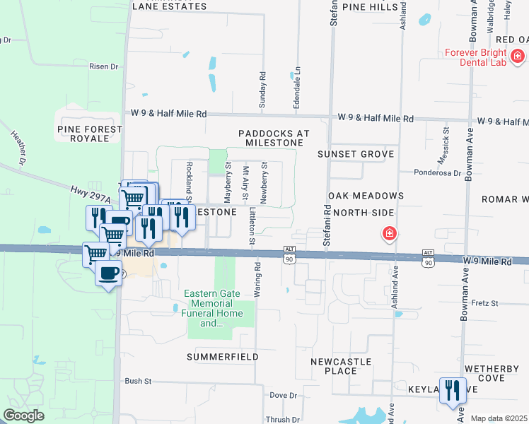 map of restaurants, bars, coffee shops, grocery stores, and more near 29 Easton Street in Cantonment