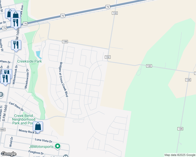 map of restaurants, bars, coffee shops, grocery stores, and more near 213 Coventry drive in Hutto