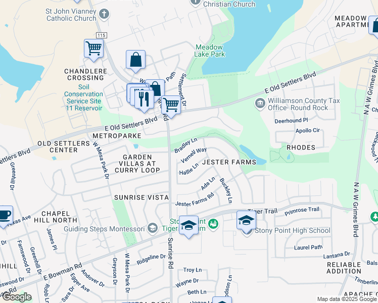map of restaurants, bars, coffee shops, grocery stores, and more near 2504 Vernell Way in Round Rock