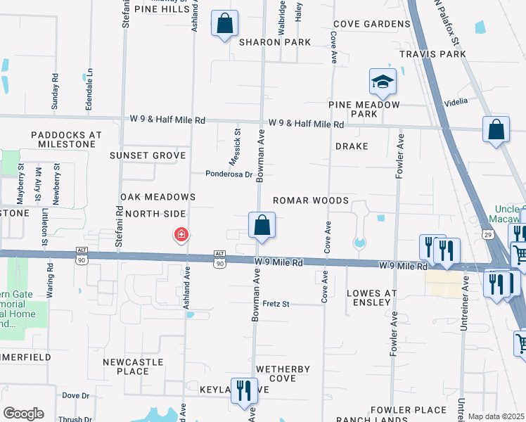 map of restaurants, bars, coffee shops, grocery stores, and more near 9651 Bowman Avenue in Pensacola