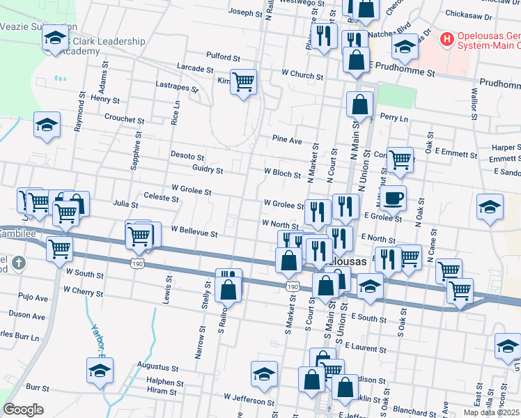 map of restaurants, bars, coffee shops, grocery stores, and more near 261 North Liberty Street in Opelousas