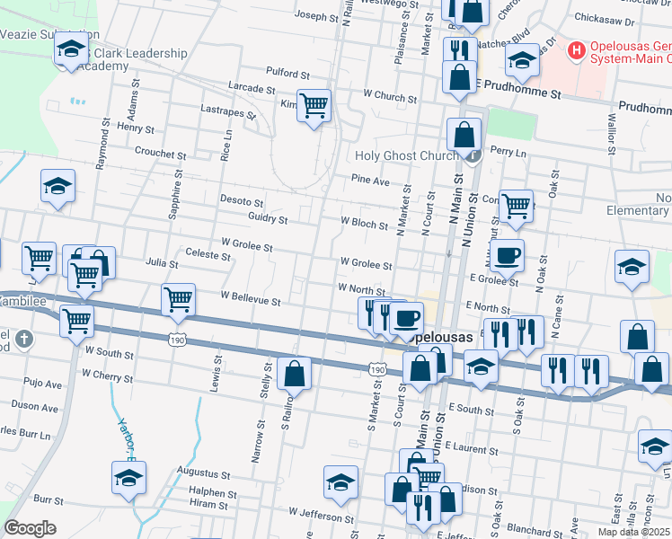 map of restaurants, bars, coffee shops, grocery stores, and more near 261 North Liberty Street in Opelousas